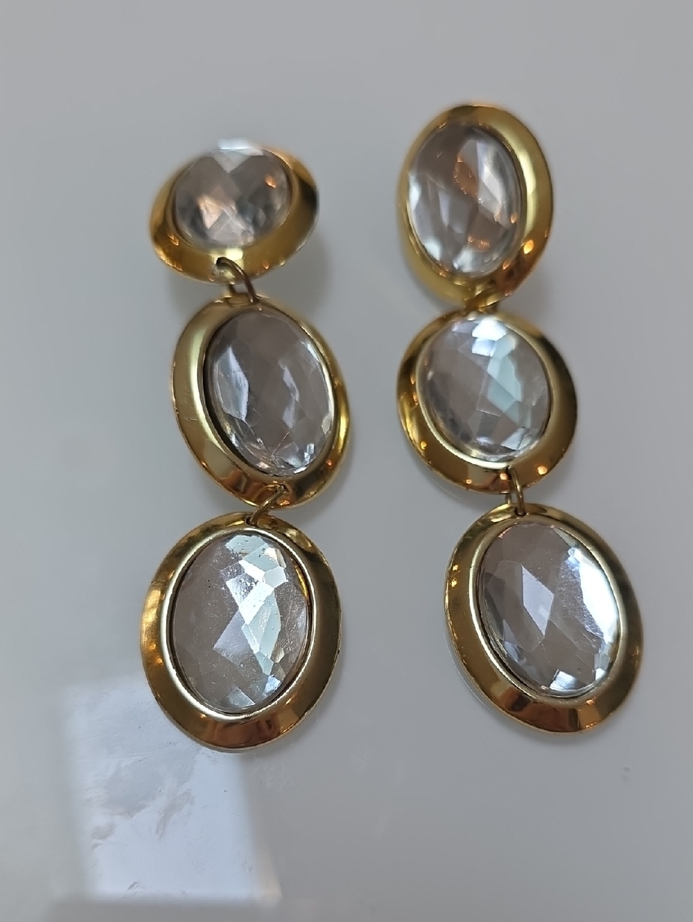 Elegant Gold-Tone Drop Earrings with Clear Acrylic Faceted Stones- Lightweight